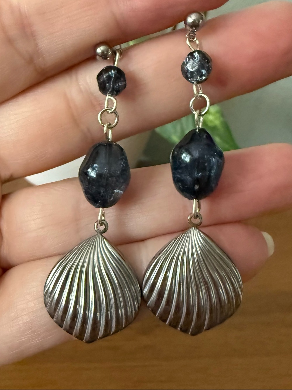 Handcrafted Blue Crackle Glass Sea Shell Drop Dangle Earrings Silver Tone